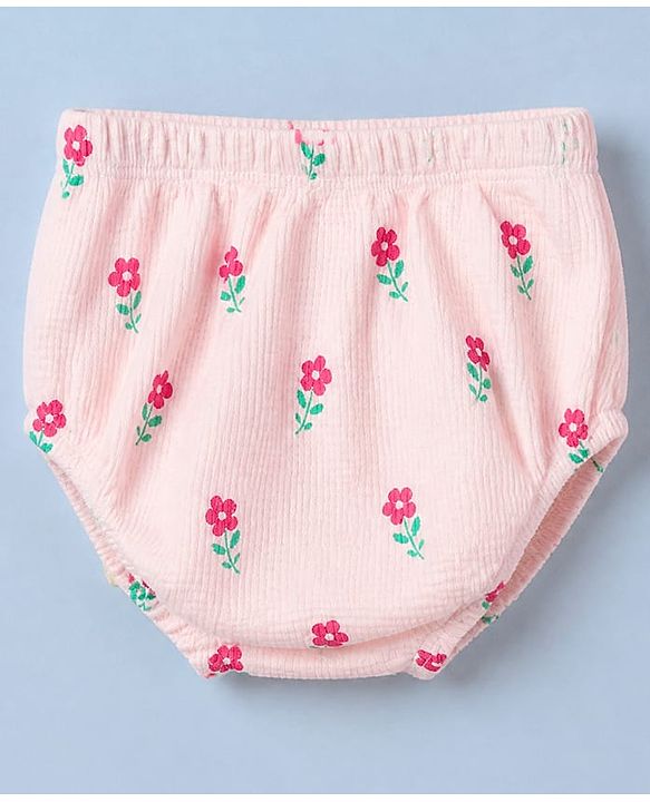 Babyhug Knit Waffle Frock and Bloomer with Half Sleeves and Floral Print in Pink