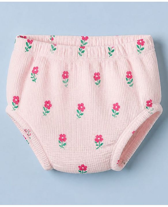 Babyhug Knit Waffle Frock and Bloomer with Half Sleeves and Floral Print in Pink