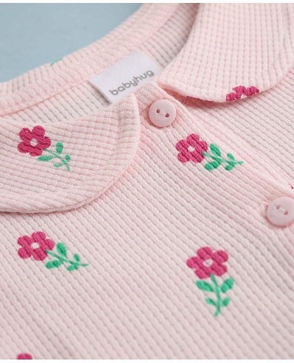 Babyhug Knit Waffle Frock and Bloomer with Half Sleeves and Floral Print in Pink