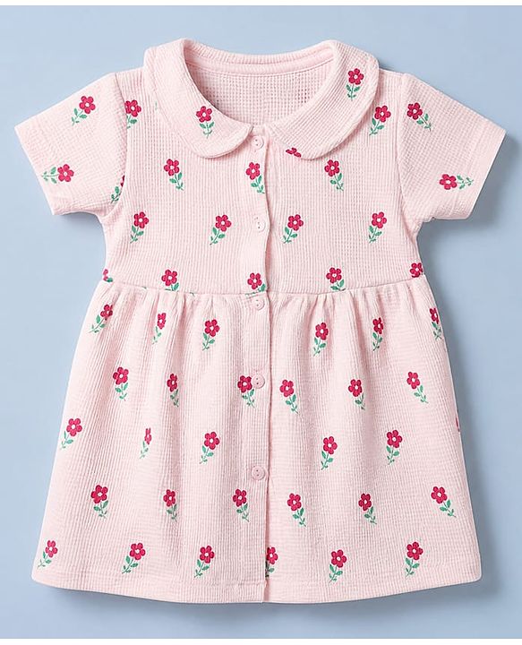 Babyhug Knit Waffle Frock and Bloomer with Half Sleeves and Floral Print in Pink
