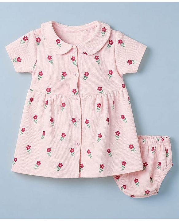 Babyhug Knit Waffle Frock and Bloomer with Half Sleeves and Floral Print in Pink