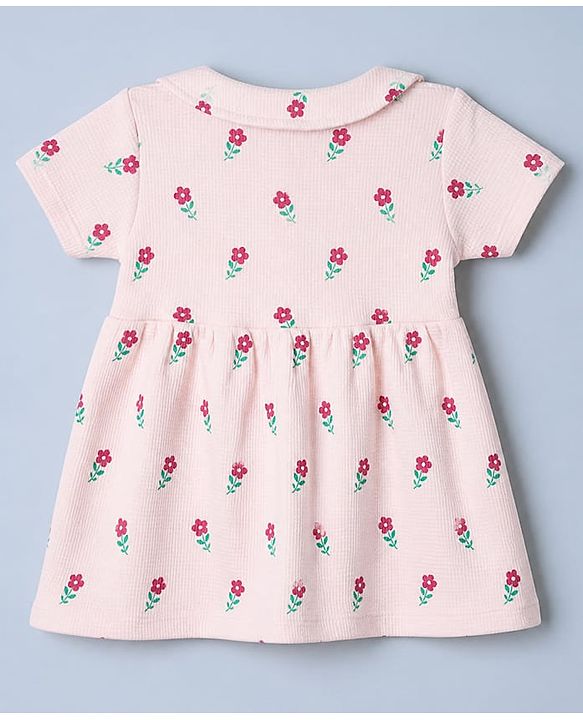 Babyhug Knit Waffle Frock and Bloomer with Half Sleeves and Floral Print in Pink