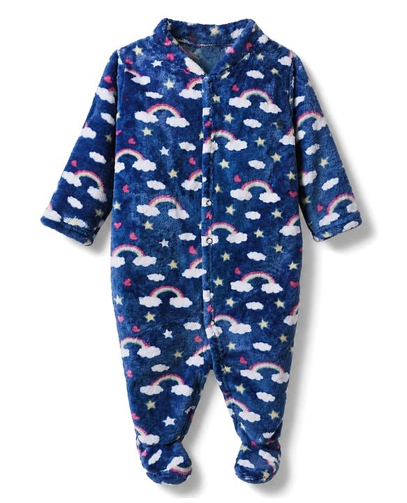 Babyhug Cotton Mix Knit Velour Full Sleeve Winter Nightwear with Cloud Print in Blue