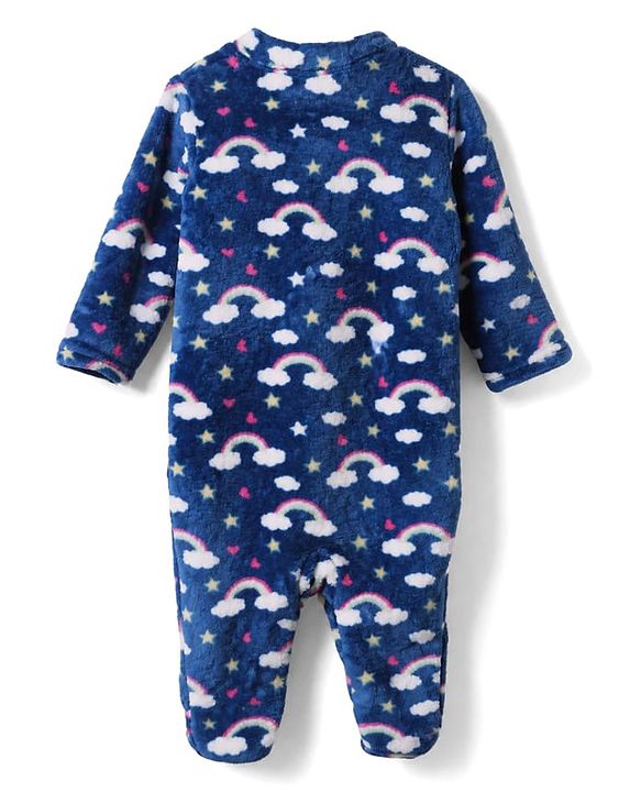 Babyhug Cotton Mix Knit Velour Full Sleeve Winter Nightwear with Cloud Print in Blue