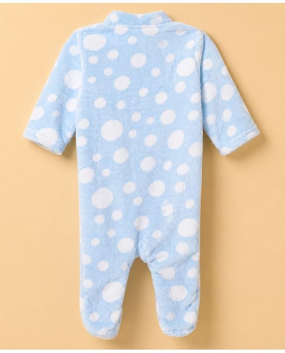 Babyhug Cotton Mixes Velour Knit Full Sleeves Winter Sleep Suit with Polka Dots Print - Light Blue