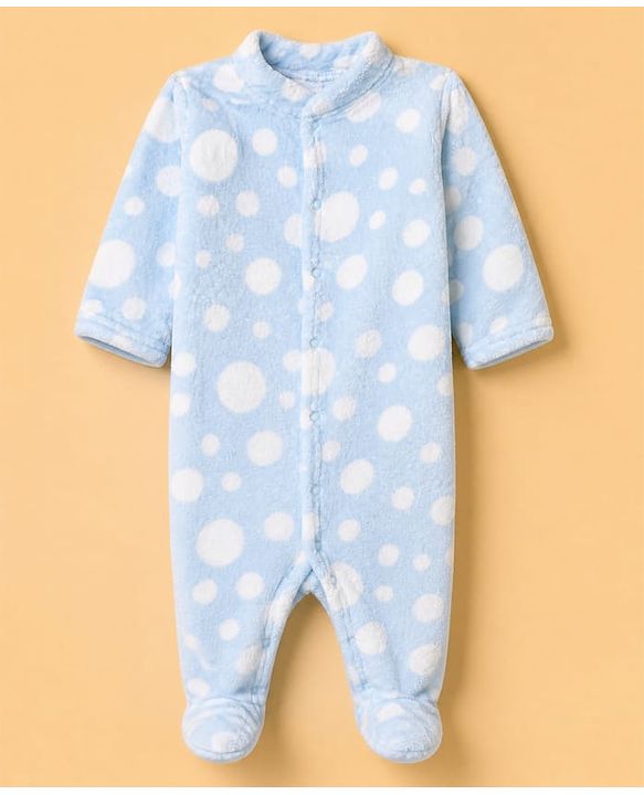 Babyhug Cotton Mixes Velour Knit Full Sleeves Winter Sleep Suit with Polka Dots Print - Light Blue