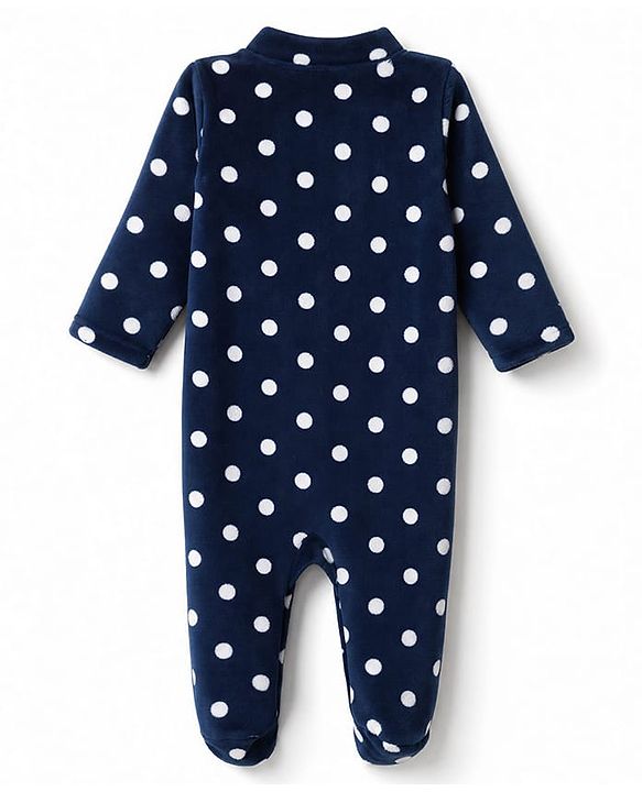 Babyhug Cotton Knit Full Sleeves Winter Wear Sleep Suit with Polka Dots Print - Navy Blue