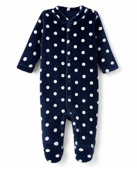 Babyhug Cotton Knit Full Sleeves Winter Wear Sleep Suit with Polka Dots Print - Navy Blue