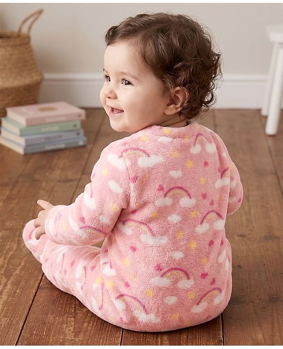 Babyhug Cotton Knit Full Sleeves Winter Wear Sleep Suit with Rainbow & Star Print - Pink