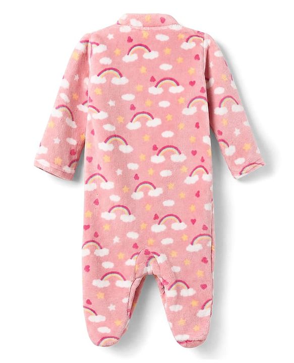 Babyhug Cotton Knit Full Sleeves Winter Wear Sleep Suit with Rainbow & Star Print - Pink
