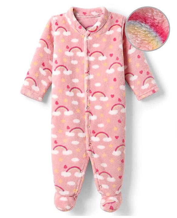 Babyhug Cotton Knit Full Sleeves Winter Wear Sleep Suit with Rainbow & Star Print - Pink
