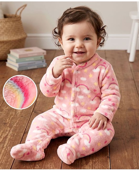 Babyhug Cotton Knit Full Sleeves Winter Wear Sleep Suit with Rainbow & Star Print - Pink