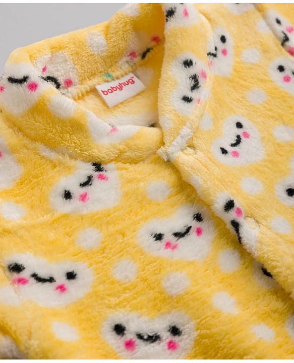 Babyhug Velour Cotton Knit  Full Sleeves Sleep Suit with Heart Print - Yellow