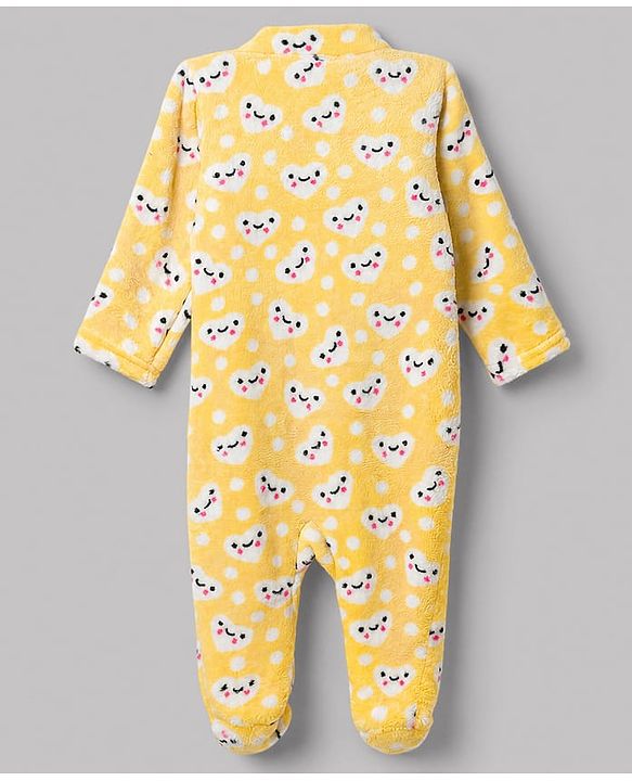 Babyhug Velour Cotton Knit  Full Sleeves Sleep Suit with Heart Print - Yellow