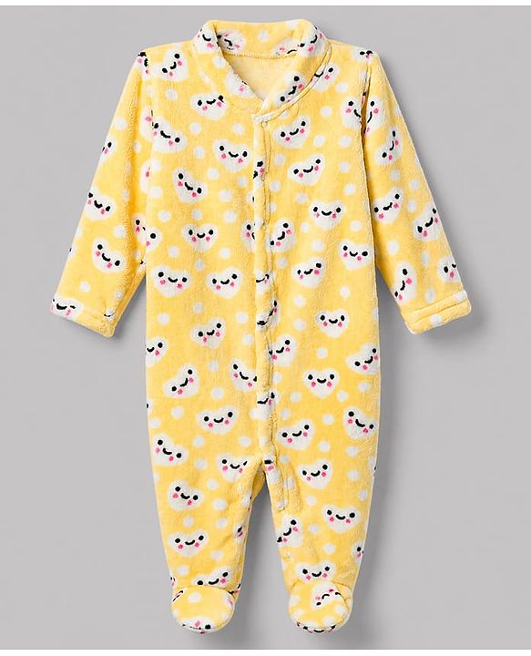 Babyhug Velour Cotton Knit  Full Sleeves Sleep Suit with Heart Print - Yellow