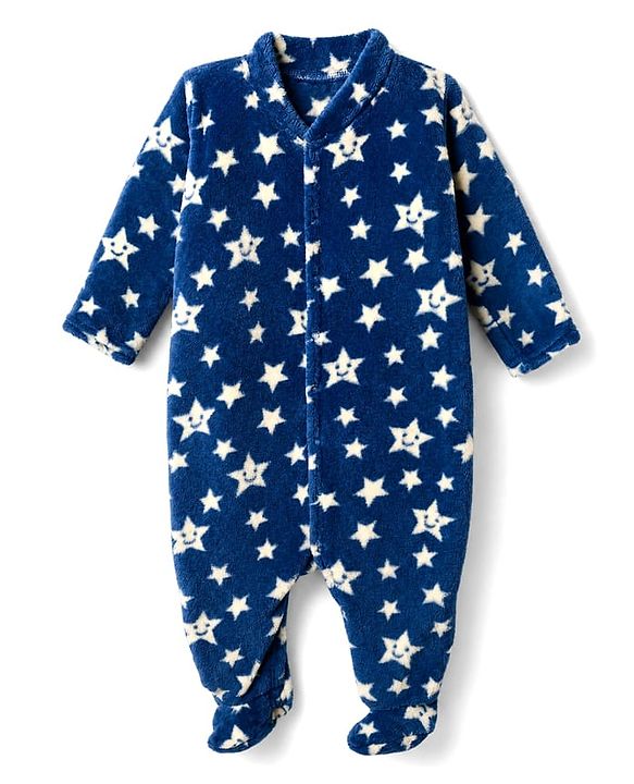 Babyhug Velour Knit Full Sleeves Winter Sleepsuit with Star Print - Navy Blue
