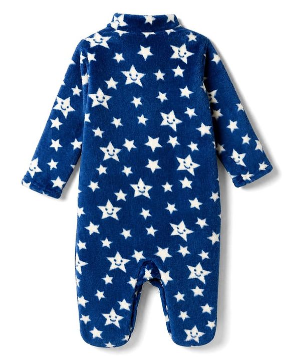 Babyhug Velour Knit Full Sleeves Winter Sleepsuit with Star Print - Navy Blue