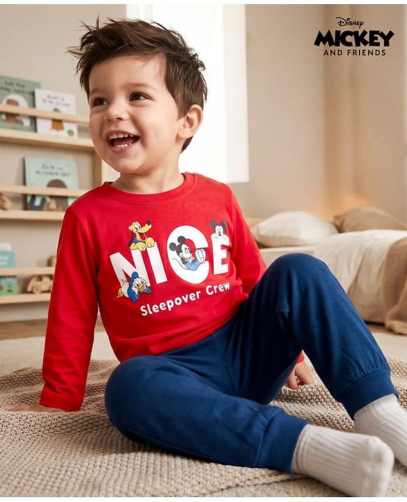 Babyhug Disney Single Jersey Knit Full Sleeves Co-Ords T-Shirt & Pyjama Night Suit with Mickey Mouse Print - Red
