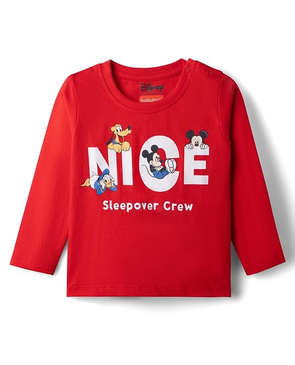 Babyhug Disney Single Jersey Knit Full Sleeves Co-Ords T-Shirt & Pyjama Night Suit with Mickey Mouse Print - Red