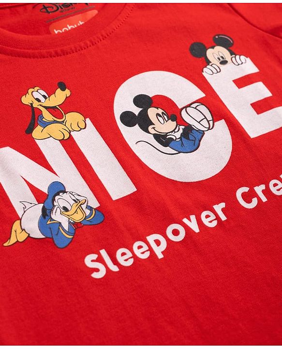 Babyhug Disney Single Jersey Knit Full Sleeves Co-Ords T-Shirt & Pyjama Night Suit with Mickey Mouse Print - Red
