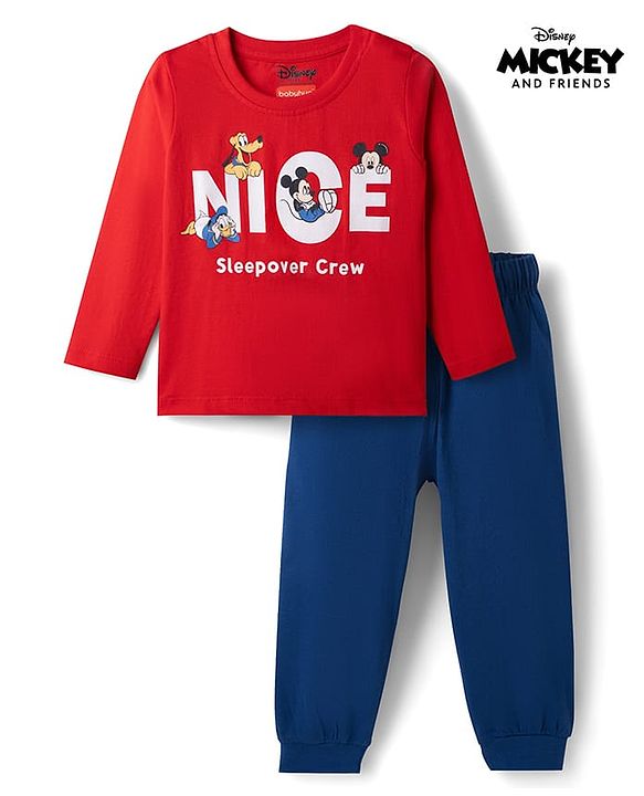 Babyhug Disney Single Jersey Knit Full Sleeves Co-Ords T-Shirt & Pyjama Night Suit with Mickey Mouse Print - Red