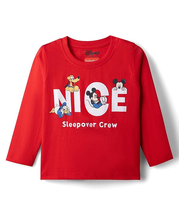 Babyhug Disney Single Jersey Knit Full Sleeves Co-Ords T-Shirt & Pyjama Night Suit with Mickey Mouse Print - Red