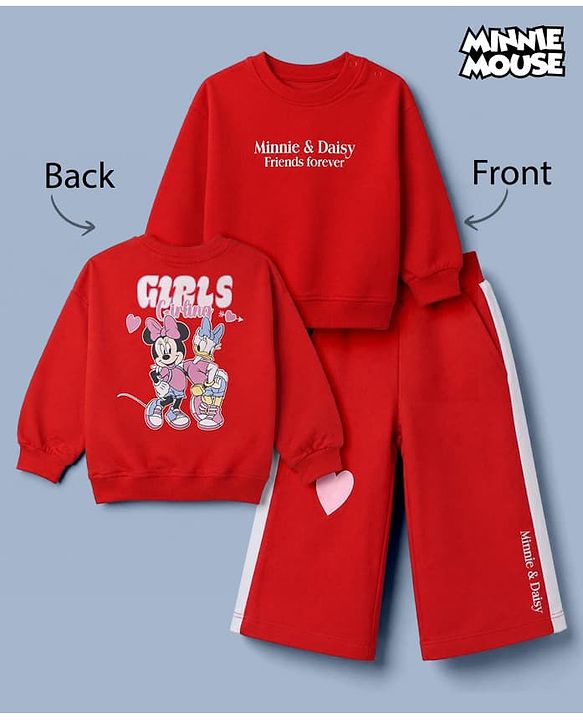 Babyhug Disney 100% Cotton Terry Knit Full Sleeves T-Shirt & Pant Set With Minnie Mouse & Daisy Graphic - Red