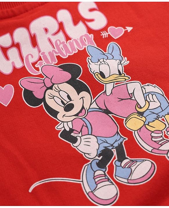 Babyhug Disney 100% Cotton Terry Knit Full Sleeves T-Shirt & Pant Set With Minnie Mouse & Daisy Graphic - Red