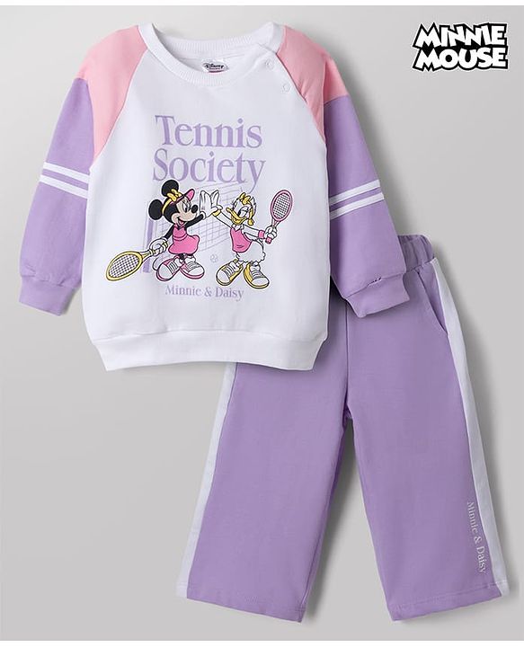 Babyhug Disney 100% Cotton Terry Knit Full Sleeves Cut & Sew T-Shirt and Pant Set With Minnie Mouse & Daisy Graphic - Purple