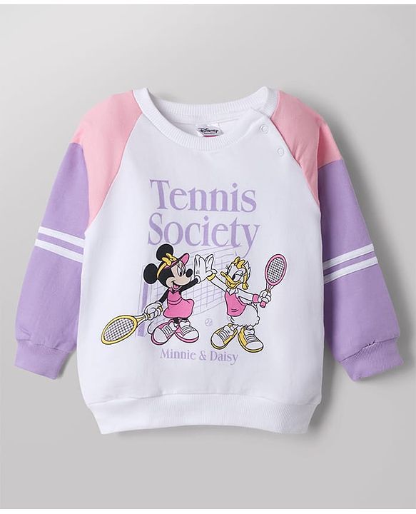 Babyhug Disney 100% Cotton Terry Knit Full Sleeves Cut & Sew T-Shirt and Pant Set With Minnie Mouse & Daisy Graphic - Purple