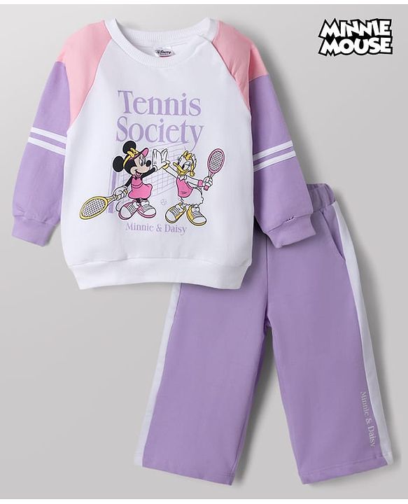 Babyhug Disney 100% Cotton Terry Knit Full Sleeves Cut & Sew T-Shirt and Pant Set With Minnie Mouse & Daisy Graphic - Purple