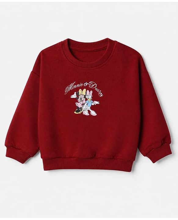 Babyhug Disney 100% Cotton Terry Knit Full Sleeves Sweatshirt and Pants with Full Length and Minnie and Daisy Front & Back Print in Maroon
