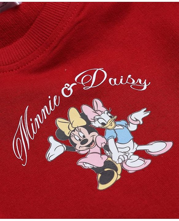 Babyhug Disney 100% Cotton Terry Knit Full Sleeves Sweatshirt and Pants with Full Length and Minnie and Daisy Front & Back Print in Maroon