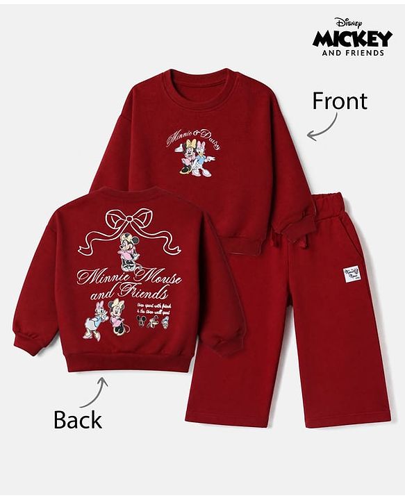 Babyhug Disney 100% Cotton Terry Knit Full Sleeves Sweatshirt and Pants with Full Length and Minnie and Daisy Front & Back Print in Maroon