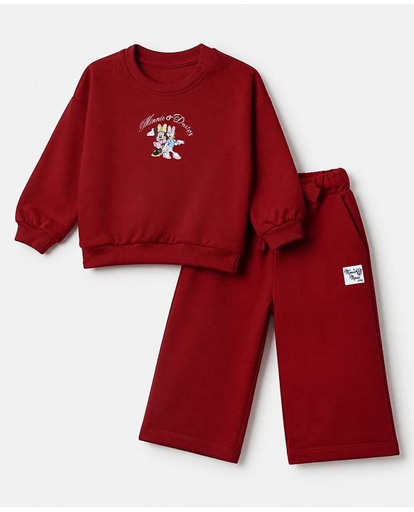 Babyhug Disney 100% Cotton Terry Knit Full Sleeves Sweatshirt and Pants with Full Length and Minnie and Daisy Front & Back Print in Maroon