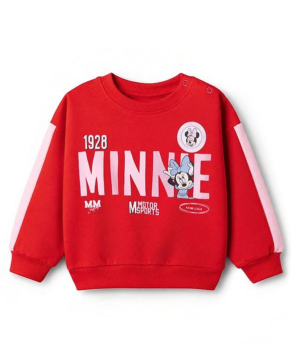 Babyhug Disney 100% Cotton Terry Knit Full Sleeves T-Shirt And Pant With Minnie Mouse Print In Red
