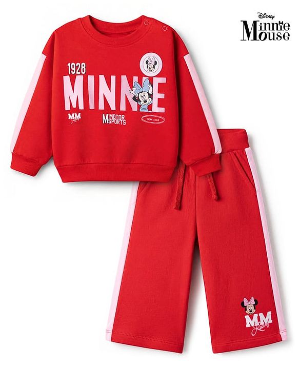 Babyhug Disney 100% Cotton Terry Knit Full Sleeves T-Shirt And Pant With Minnie Mouse Print In Red