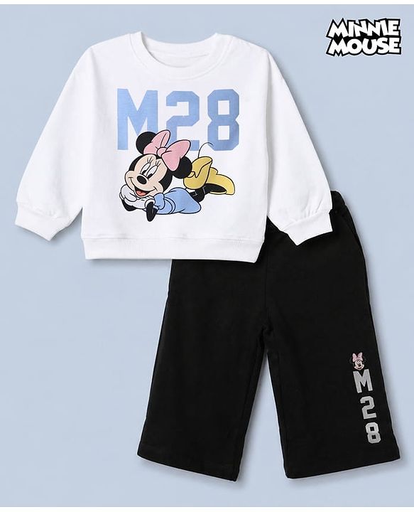 Babyhug Disney 100% Cotton Terry Knit Full Sleeves T-Shirt And Pant With Minnie Mouse Print - White
