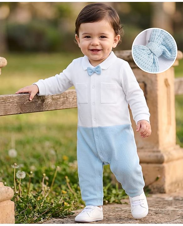 Babyhug 100% Cotton Interlock Woven Full Sleeves Colour Block Party Wear Romper with Attached Bow - White & Light Blue
