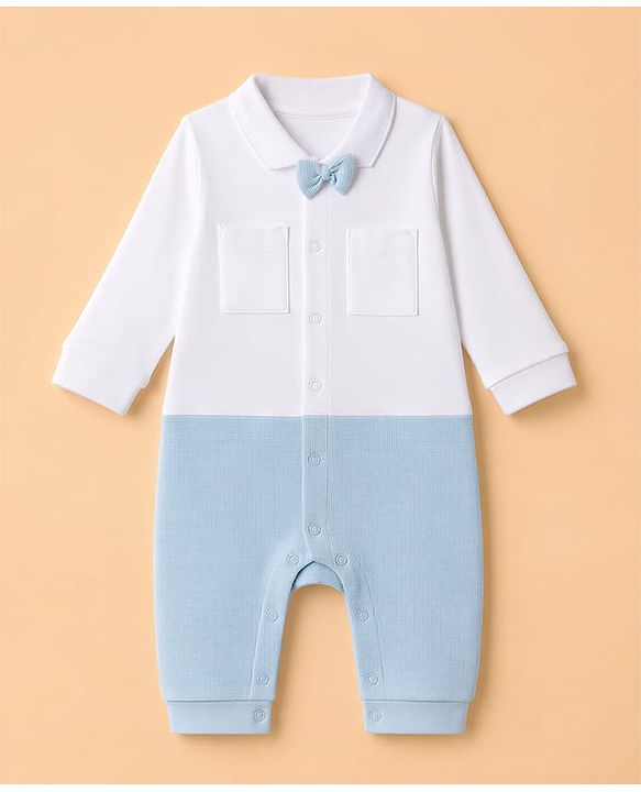 Babyhug 100% Cotton Interlock Woven Full Sleeves Colour Block Party Wear Romper with Attached Bow - White & Light Blue