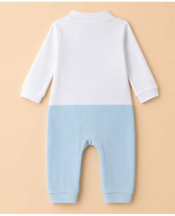 Babyhug 100% Cotton Interlock Woven Full Sleeves Colour Block Party Wear Romper with Attached Bow - White & Light Blue