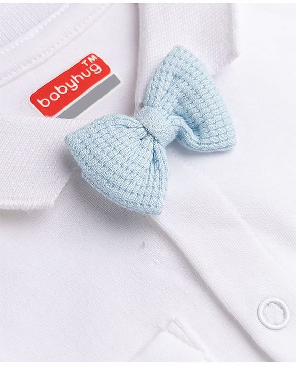 Babyhug 100% Cotton Interlock Woven Full Sleeves Colour Block Party Wear Romper with Attached Bow - White & Light Blue