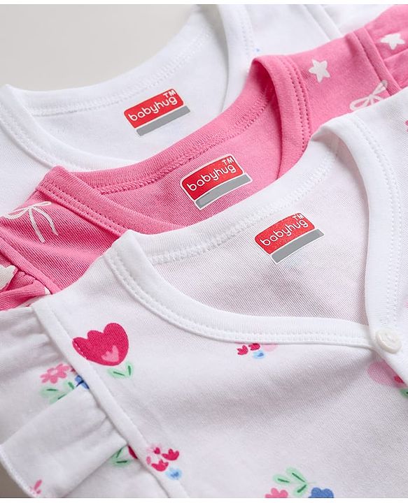 Babyhug 100% Cotton Interlock Knit Full Sleeves Jhablas With Floral Heart & Star Print Pack of 3 - Pink White