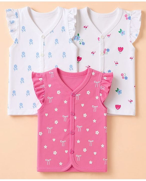 Babyhug 100% Cotton Interlock Knit Full Sleeves Jhablas With Floral Heart & Star Print Pack of 3 - Pink White