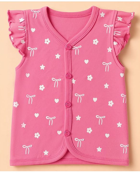 Babyhug 100% Cotton Interlock Knit Full Sleeves Jhablas With Floral Heart & Star Print Pack of 3 - Pink White