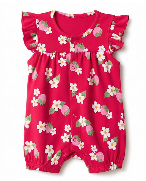 Babyhug 100% Cotton Interlock Knit Half Sleeves Floral Printed Romper with Hairband and Booties - Pink