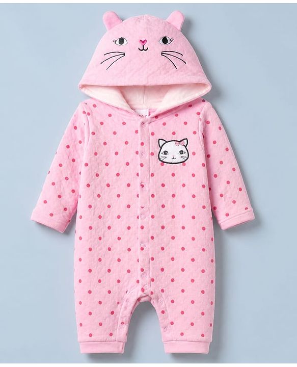 Babyhug 100% Cotton Interlock Knit Full Sleeves Hooded Romper with Booties & Polka Dot Print - Pink