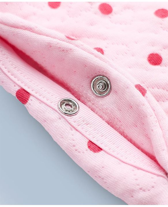 Babyhug 100% Cotton Interlock Knit Full Sleeves Hooded Romper with Booties & Polka Dot Print - Pink