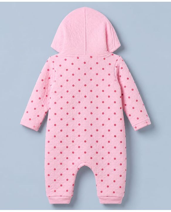 Babyhug 100% Cotton Interlock Knit Full Sleeves Hooded Romper with Booties & Polka Dot Print - Pink