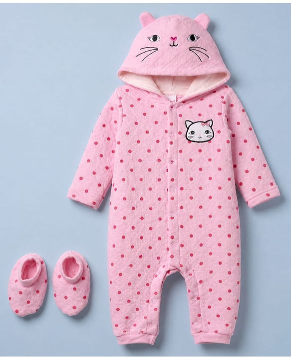 Babyhug 100% Cotton Interlock Knit Full Sleeves Hooded Romper with Booties & Polka Dot Print - Pink